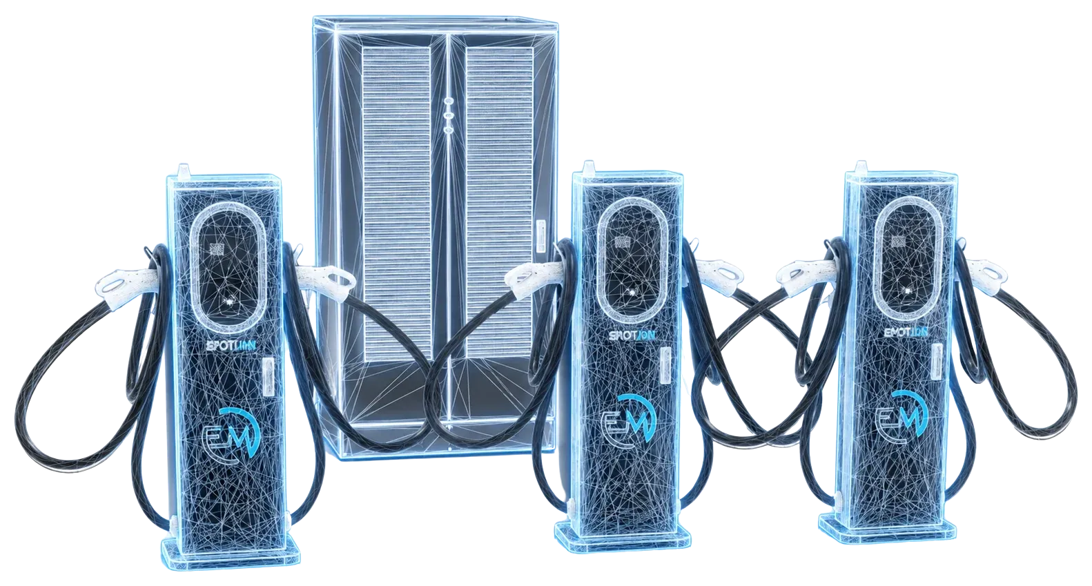 EMOTION charging stations — power cabinet and Fast dispensers in a stylised render