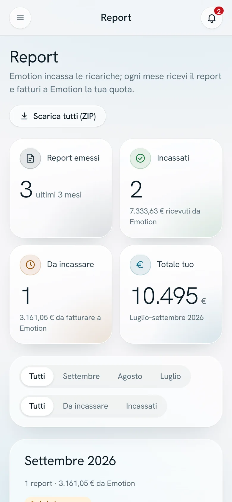 Report sul telefono con rendiconti emessi, incassati e da incassare