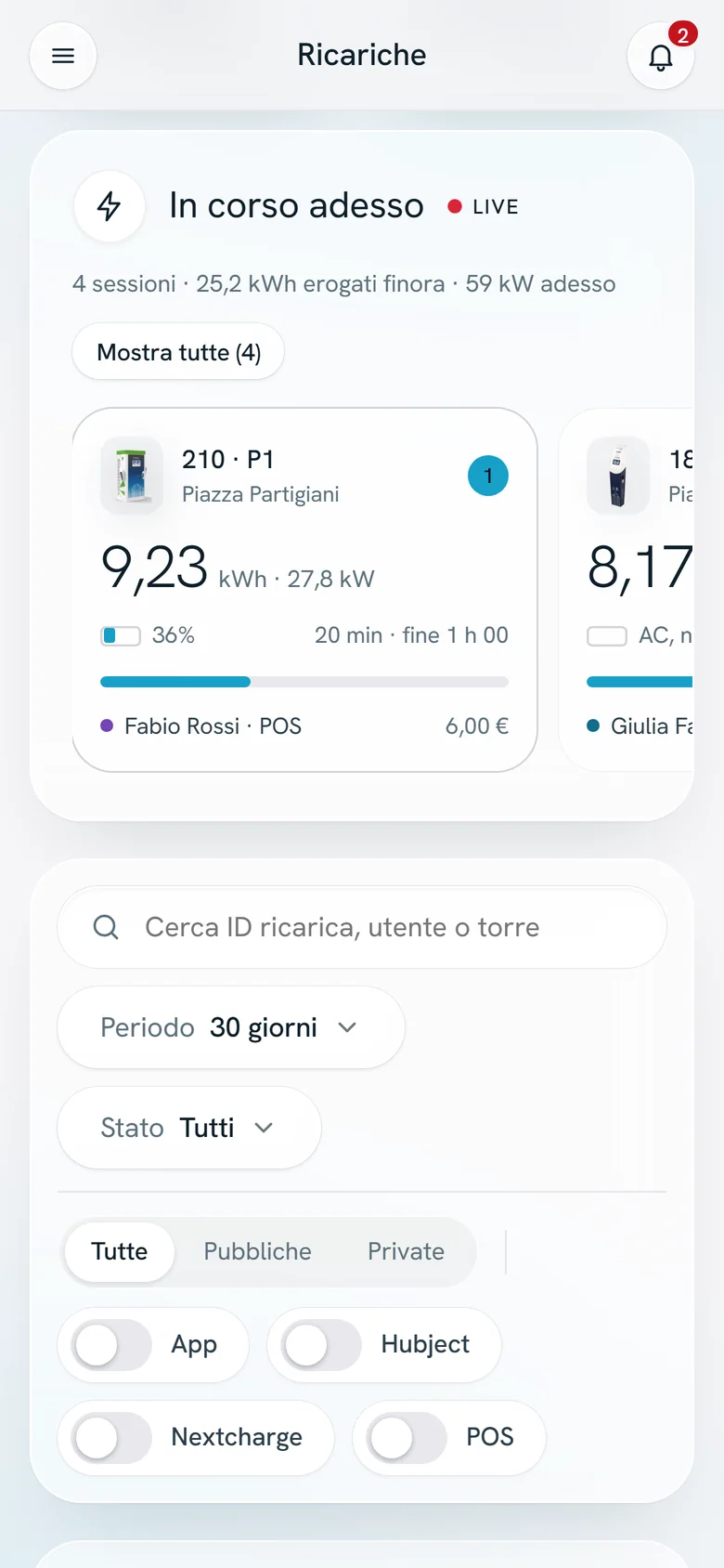 Ricariche in corso sul telefono con kWh erogati, potenza e avanzamento