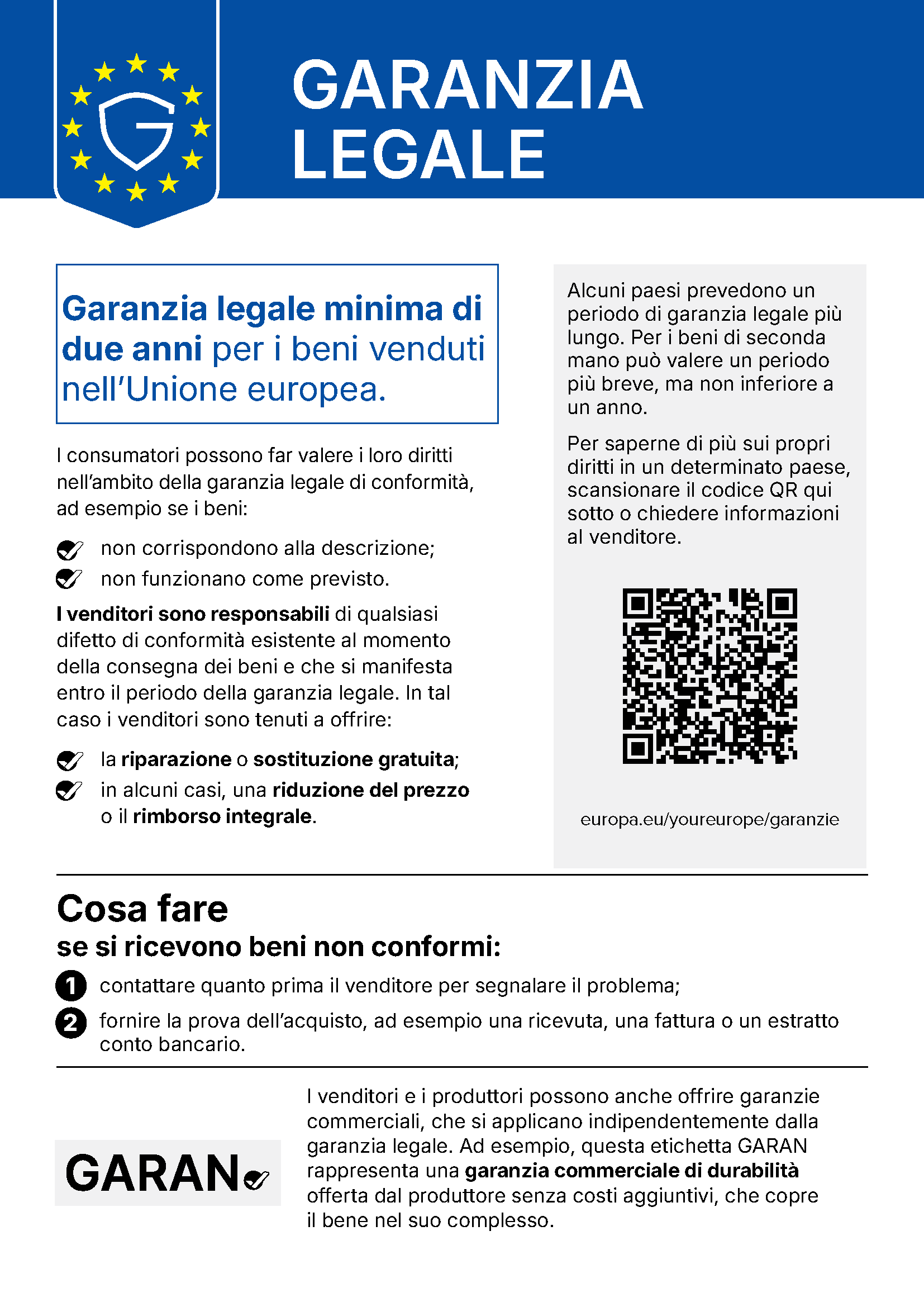 Avviso sulla garanzia legale di conformità: minimo due anni per i beni venduti nell’Unione europea